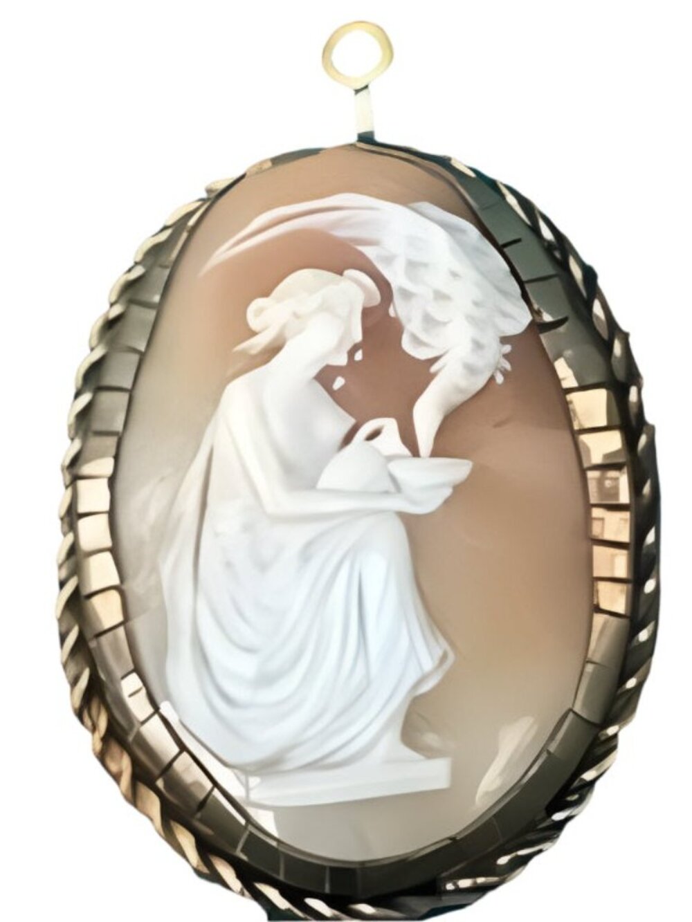 Antique Hand-Carved Shell Cameo Depicting Hebe Feeding Zeus Eagle 10K Gold Frame